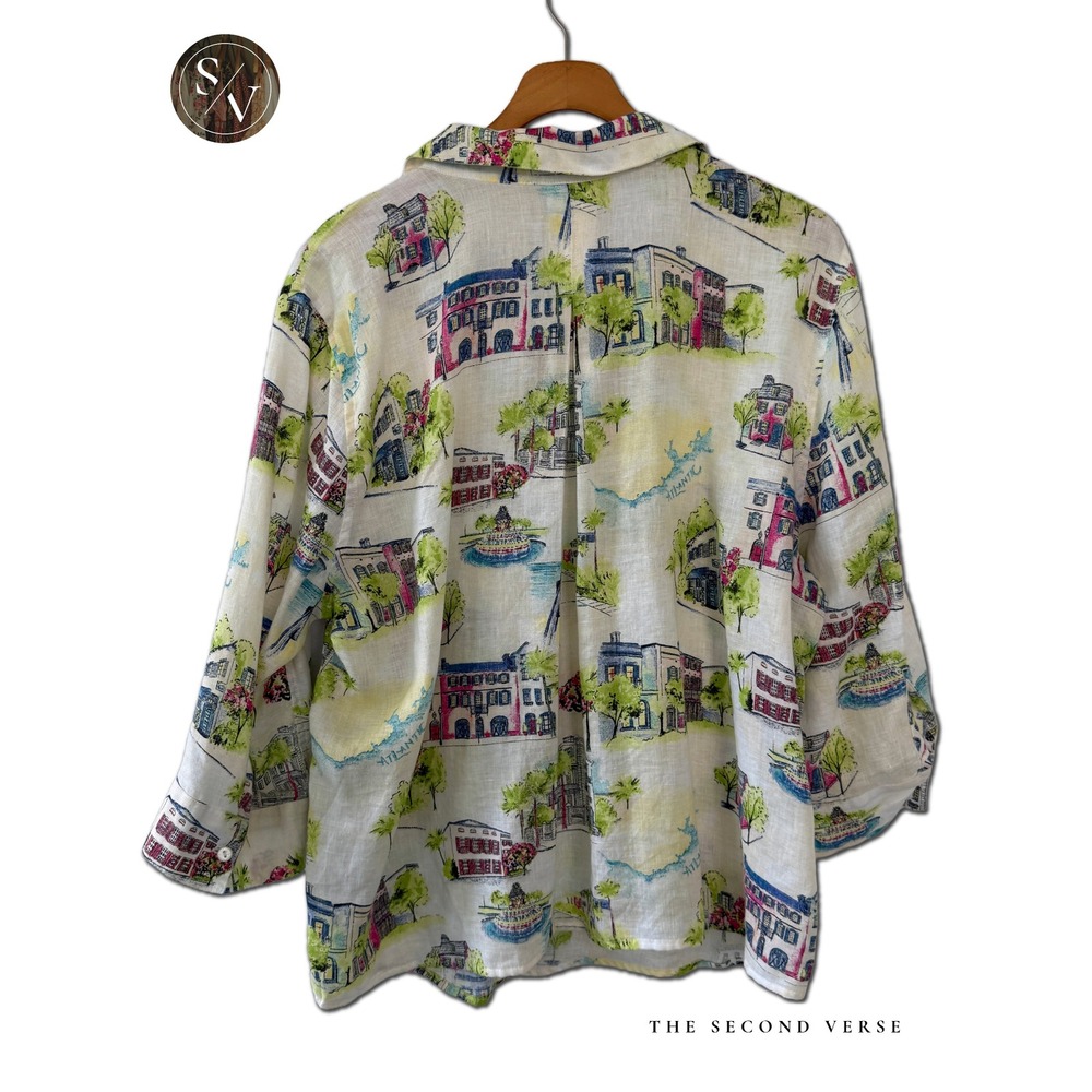 Chico's Linen Button Front Shirt 3/4 Sleeve Atlantic Coastal Scene Size 16/18 - Picture 2 of 10